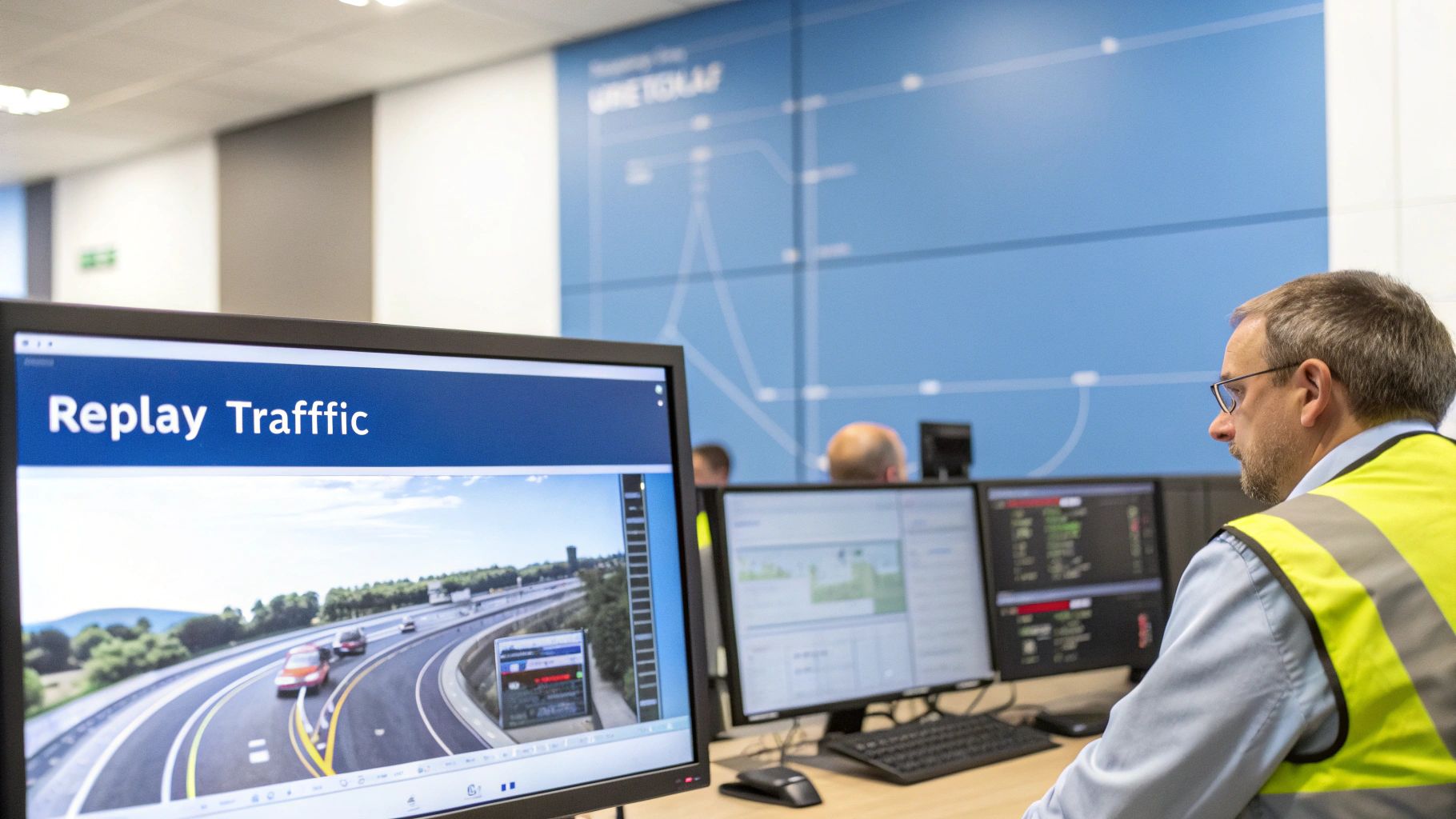 A man in a high-visibility vest monitors traffic on multiple screens in a control room.