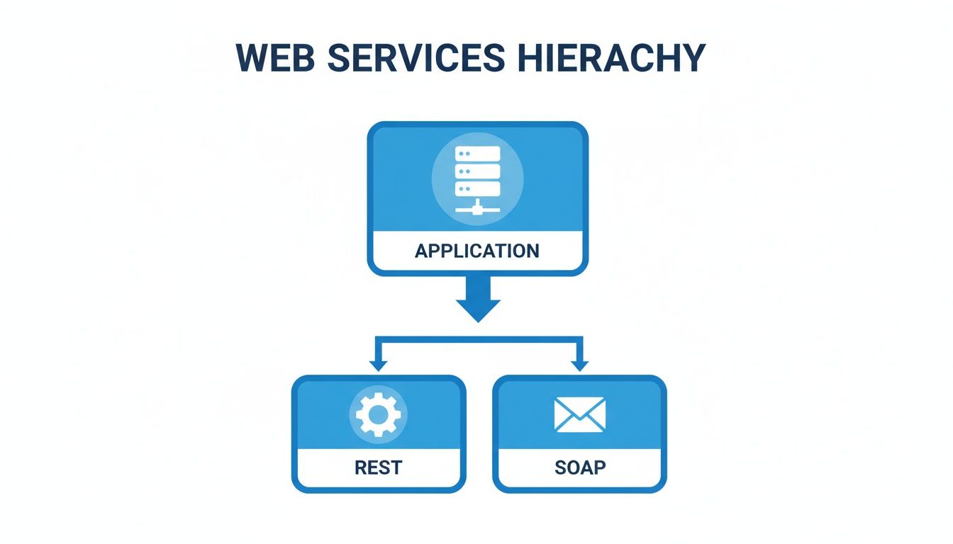 A hierarchy diagram illustrating web services, showing an application at the top, branching into REST and SOAP.