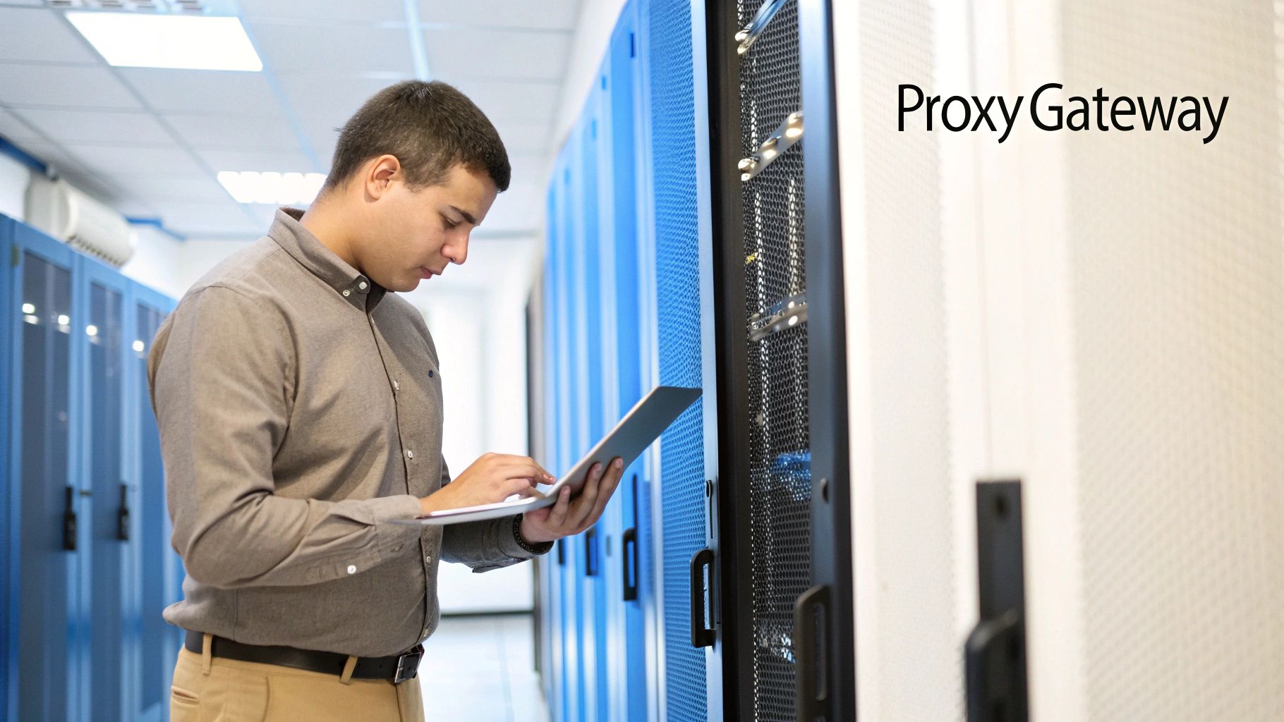 A technician in a server room uses a tablet to manage IT infrastructure, featuring 'Proxy Gateway' text.