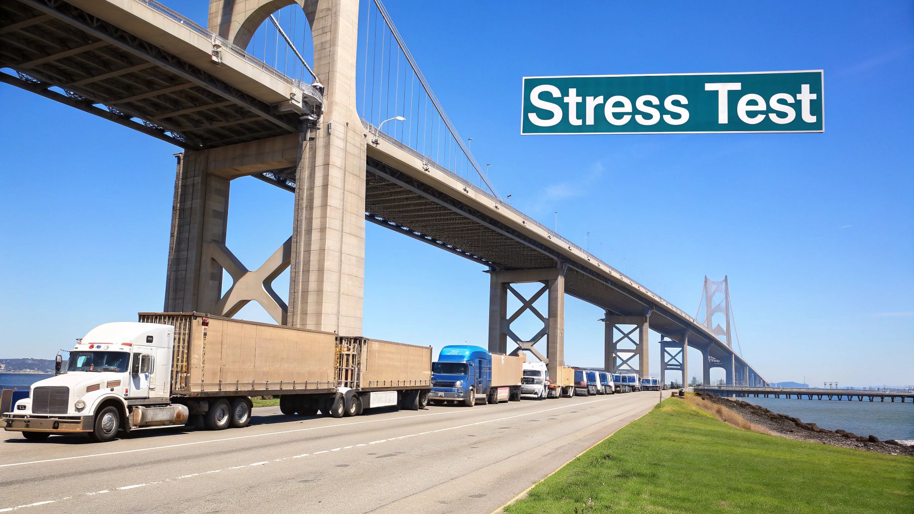 Multiple semi-trucks on a road beneath a large bridge with a 'Stress Test' sign visible in the blue sky.