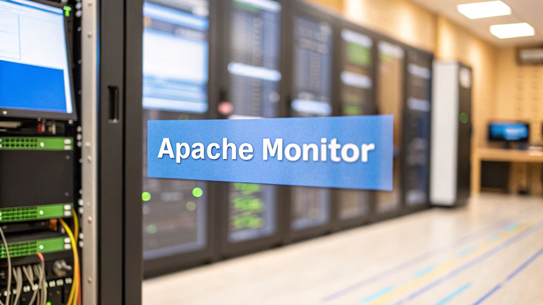- A photo-realistic Brand & Text Realism style image depicting a professional server room environment with blurred racks and subtle dashboard screens in the background, featuring âApache Monitorâ text centered on a solid background block in the golden ratio position, crisp high-contrast typography, surrounded by subdued tech elements like blurred cables and faint digital graphs
