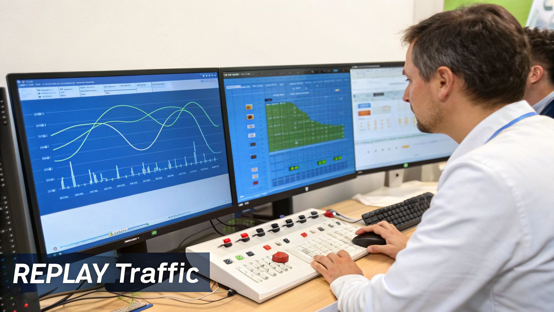 A man in a white shirt operates multiple computer screens displaying data and graphs using a control panel.