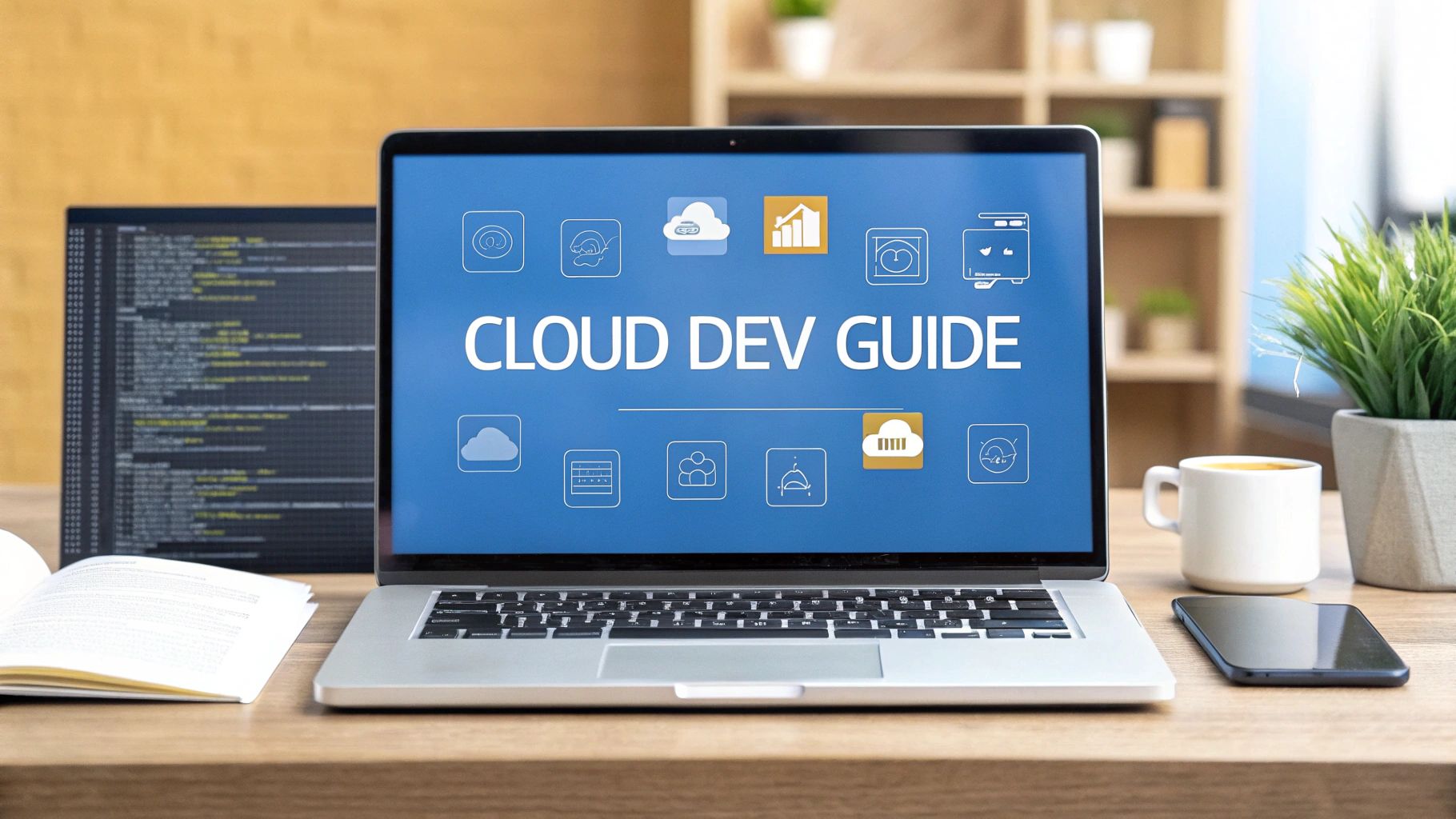 - A photo-realistic depiction of a sleek laptop on a modern desk with floating cloud icons, code snippets and container symbols subtly glowing in the background, featuring 'Cloud Dev Guide' text centered on a solid background block in the golden ratio position