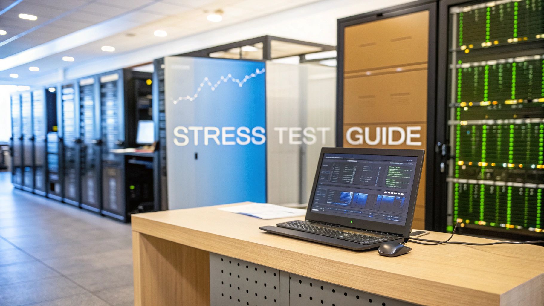 A photo-realistic scene of a sleek server room with blurred racks and a softly lit workstation showing performance charts, featuring 'Stress Test Guide' text centered on a solid background block in the golden ratio position, with surrounding imagery slightly subdued to keep the sharp, high-contrast text prominent.