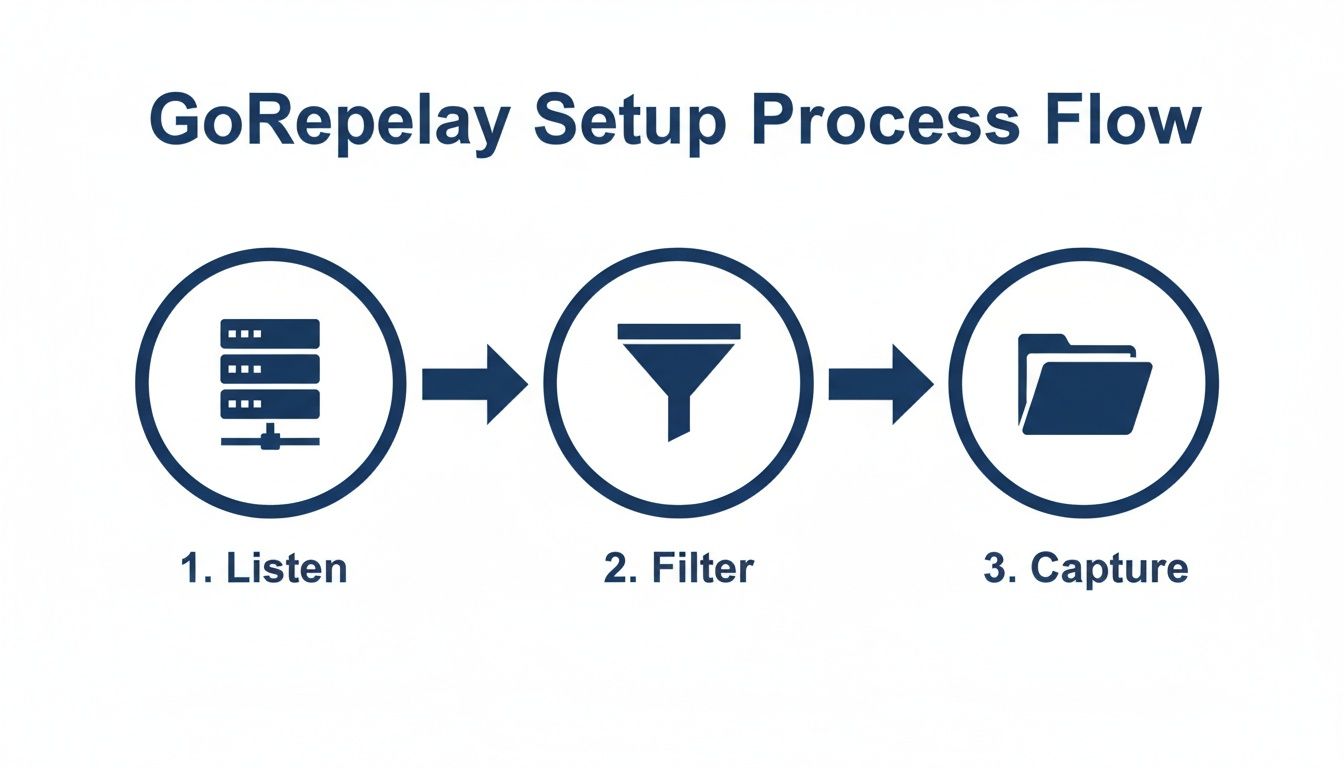 A diagram illustrating the GoRepelay setup process flow with steps: Listen, Filter, Capture.