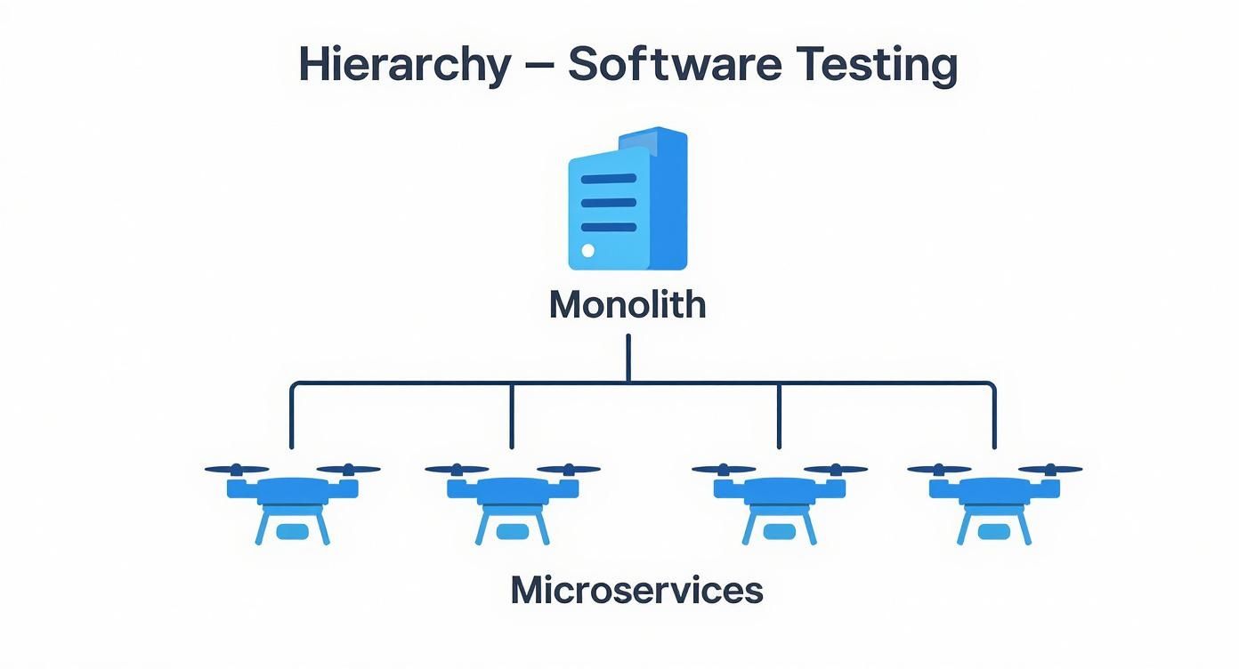 Infographic showing the shift in testing focus from monolithic architectures to microservices