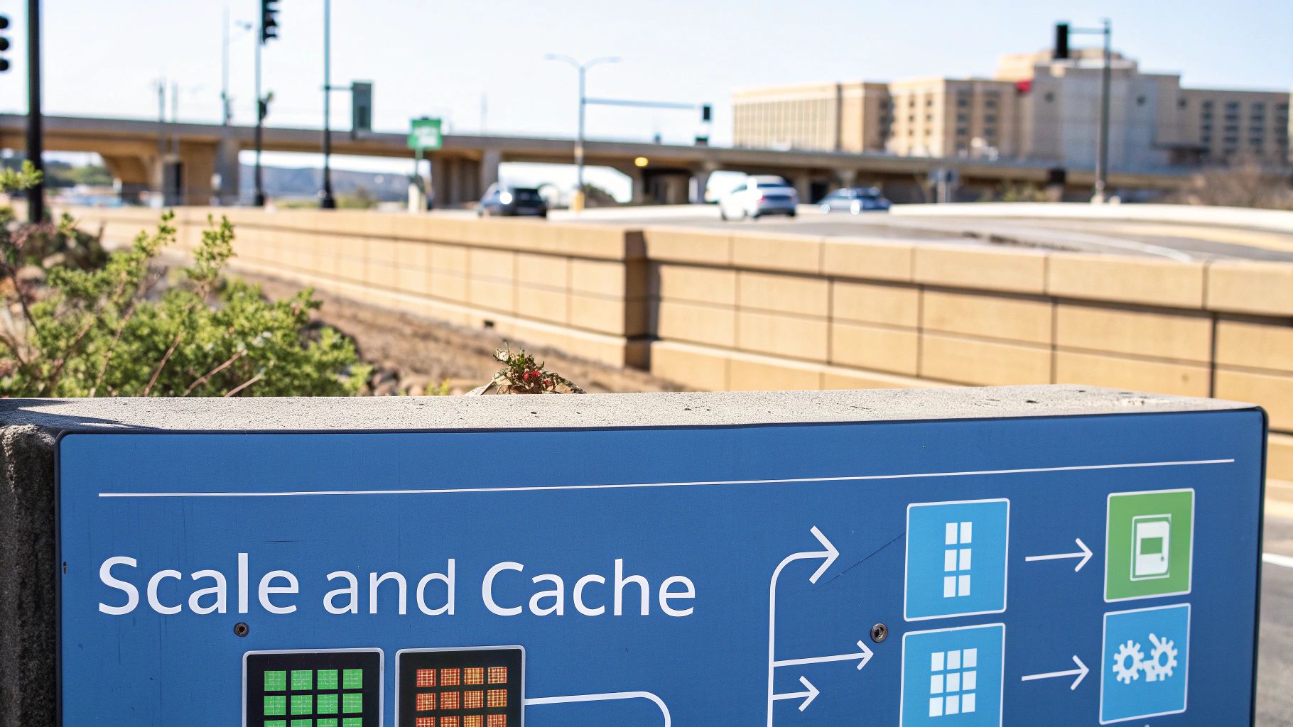 A blue sign with "Scale and Cache" text and a tech diagram, with a busy road and buildings in the background.