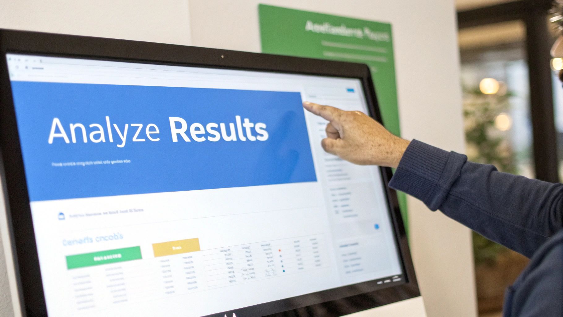 A person's hand points at a computer screen displaying 'Analyze Results' on a webpage.