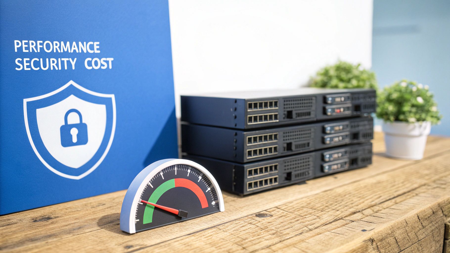 Performance, security, and cost metrics displayed with network switches and a gauge.