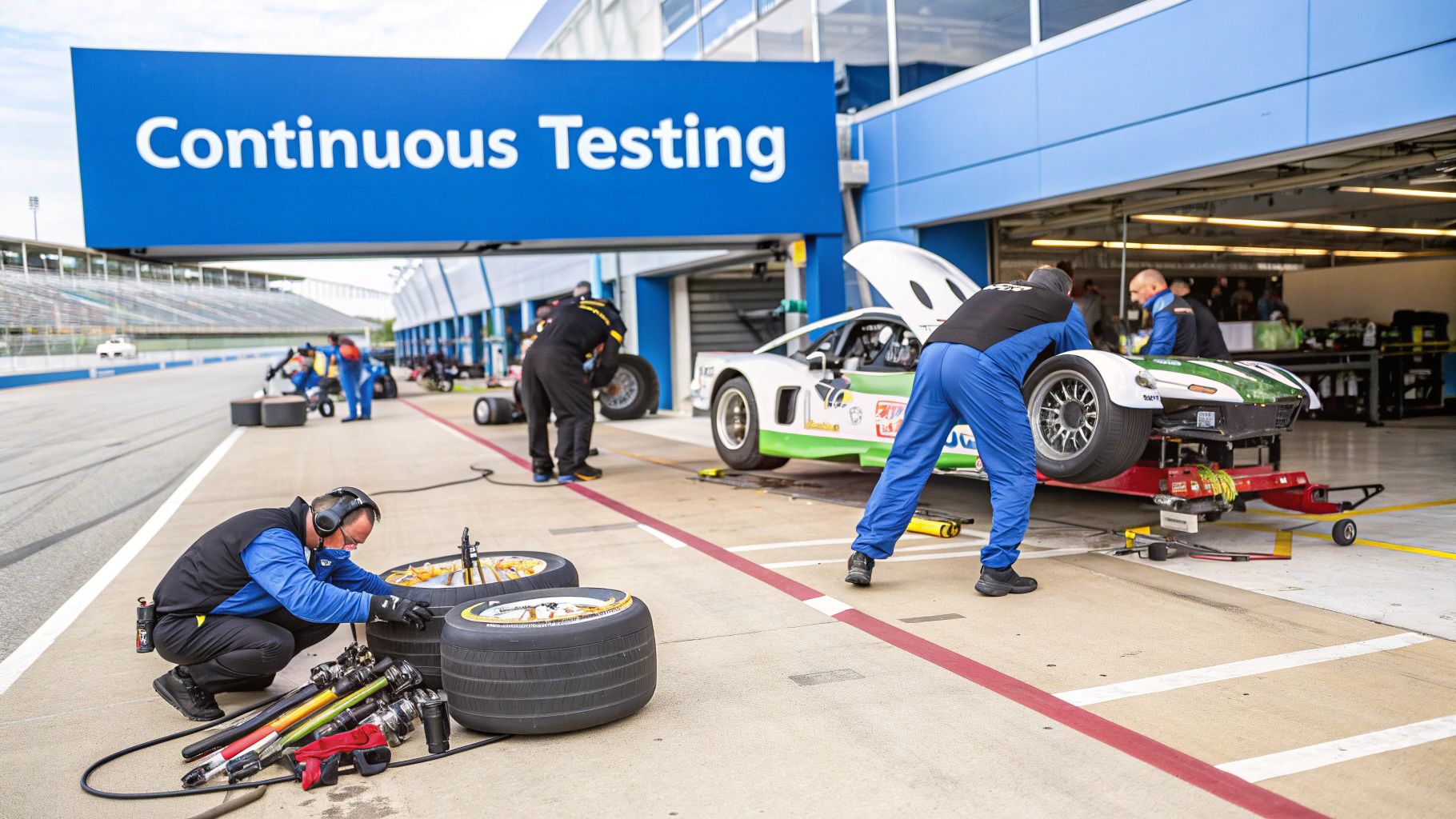 A team collaborating around monitors displaying build logs, with 'Fast Feedback' emphasized.