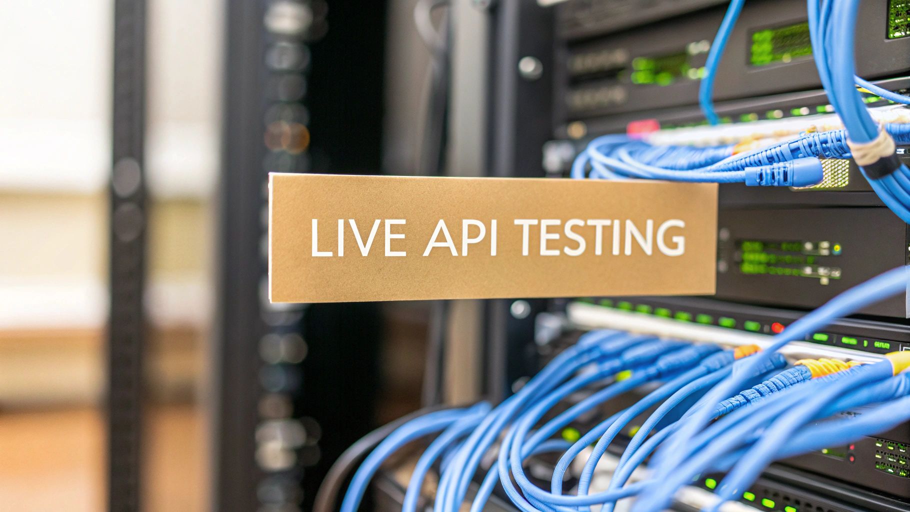 Photo-realistic Brand & Text Realism style image of a high-tech server room with blurred network cables and a subtle console screen in the background, featuring 'Live API Testing' text centered on a solid background block placed in the golden ratio position, with sharp, clear edges and high contrast against its block, surroundings slightly subdued to maintain text prominence.