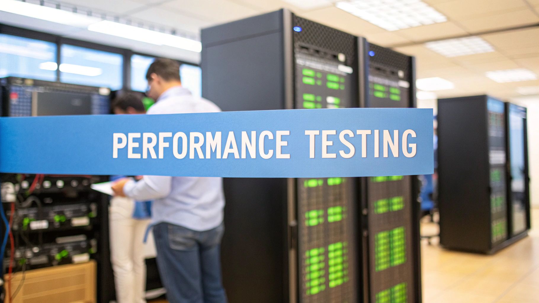 - A photo-realistic view of a modern server room with blurred rack servers and faint performance dashboard metrics in the background, featuring "Performance Testing" text prominently displayed on a solid background block in the golden ratio position, with the surrounding imagery slightly subdued to maintain text prominence
