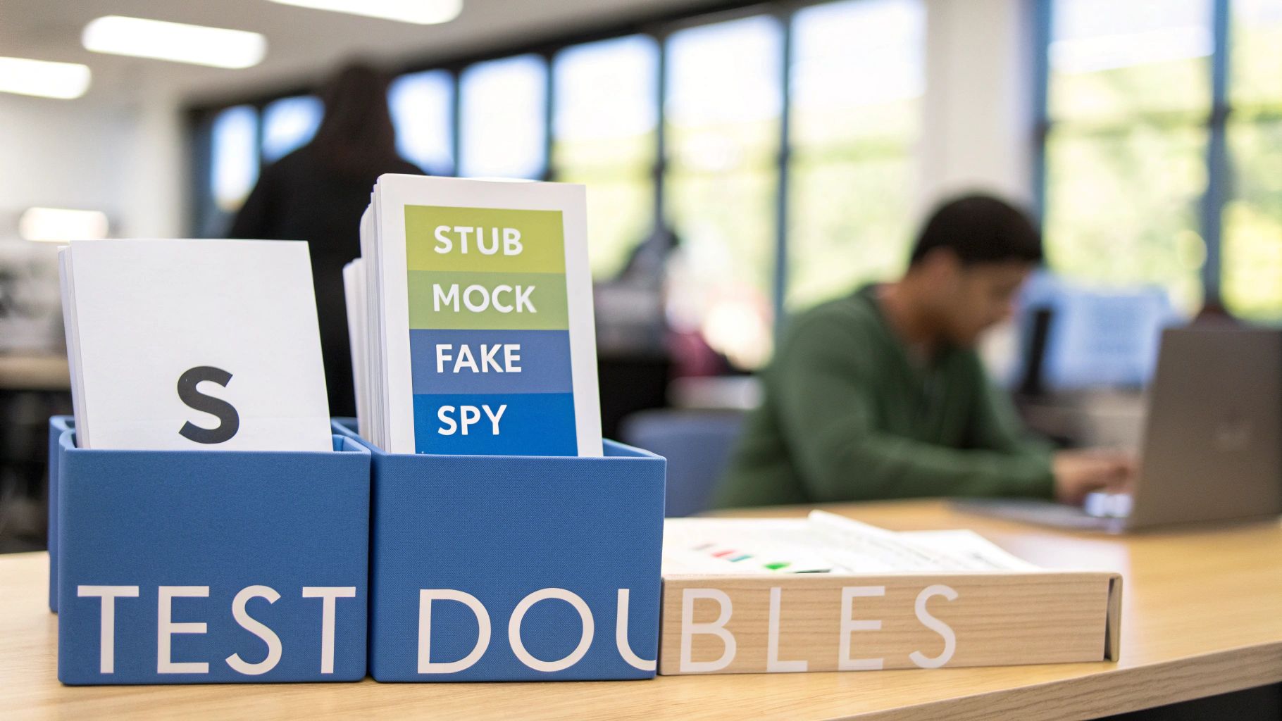 Blue bins labeled 'TEST DOUBLES' containing papers listing 'STUB', 'MOCK', 'FAKE', 'SPY' on a desk.