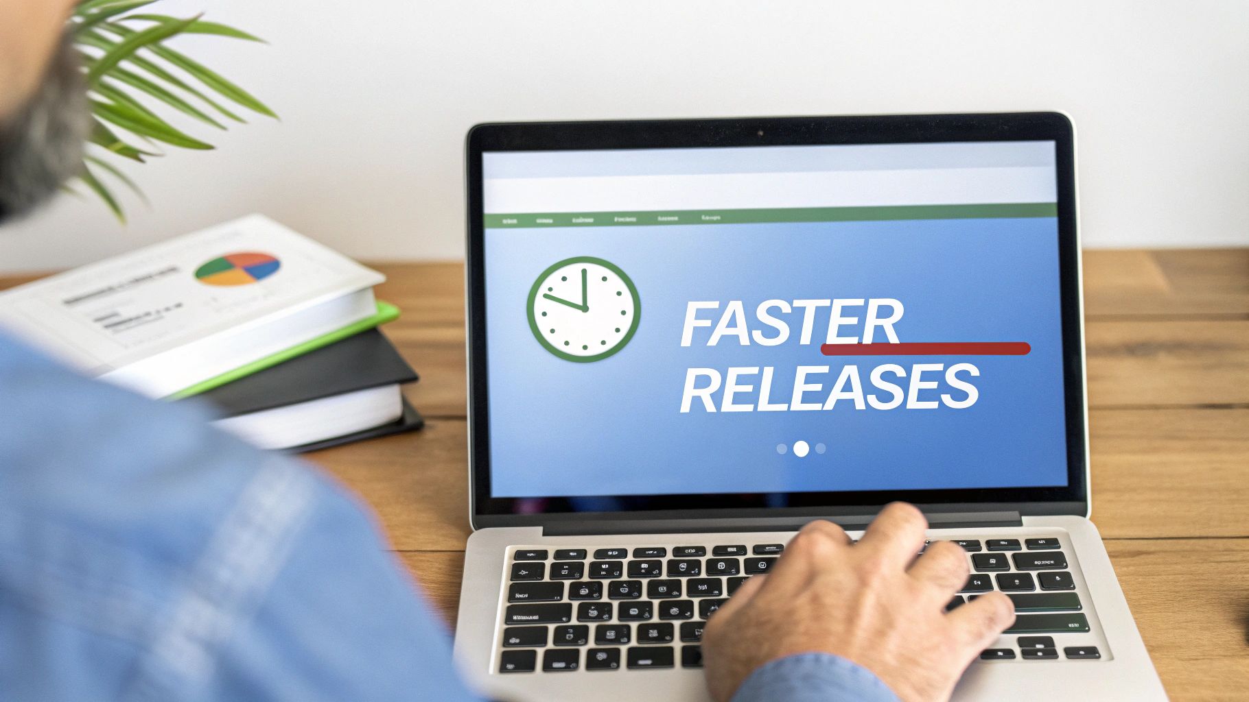 Person typing on a laptop displaying 'FASTER RELEASES' and a clock icon, indicating efficiency.