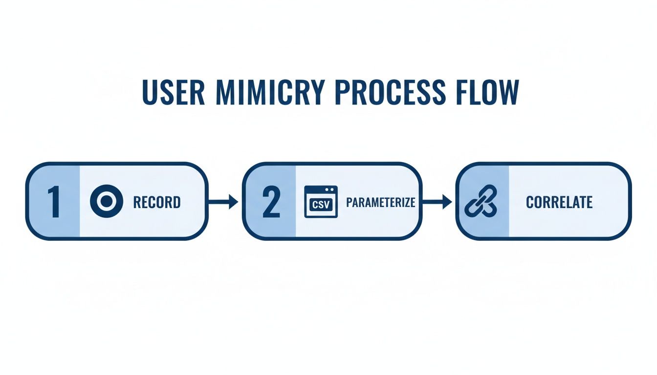 A user mimicry process flow diagram illustrating three steps: Record, Parameterize, and Correlate.