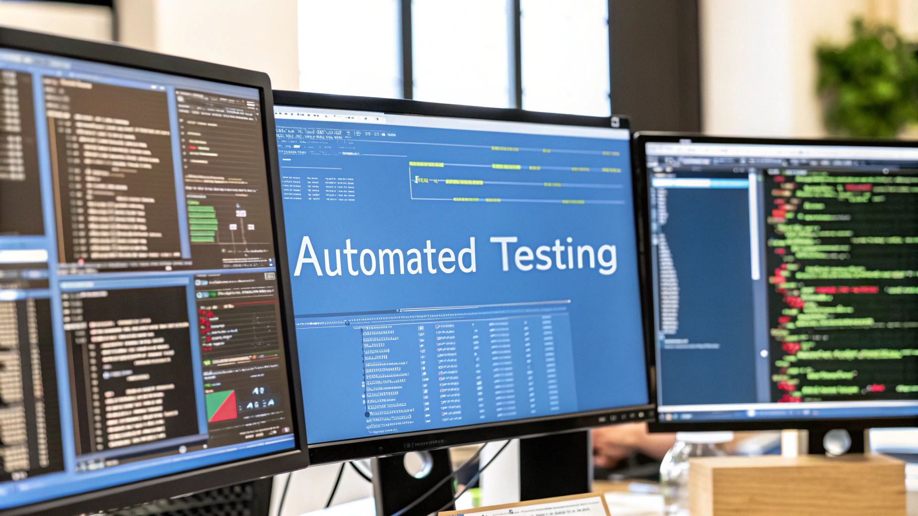 - A high-tech developer workspace with multiple monitors displaying code pipelines, traffic-capture logs, and performance charts, featuring āAutomated Testingā text prominently displayed on a solid background block in the golden ratio position, photo-realistic style with sharp text focus and a subtly blurred tech environment