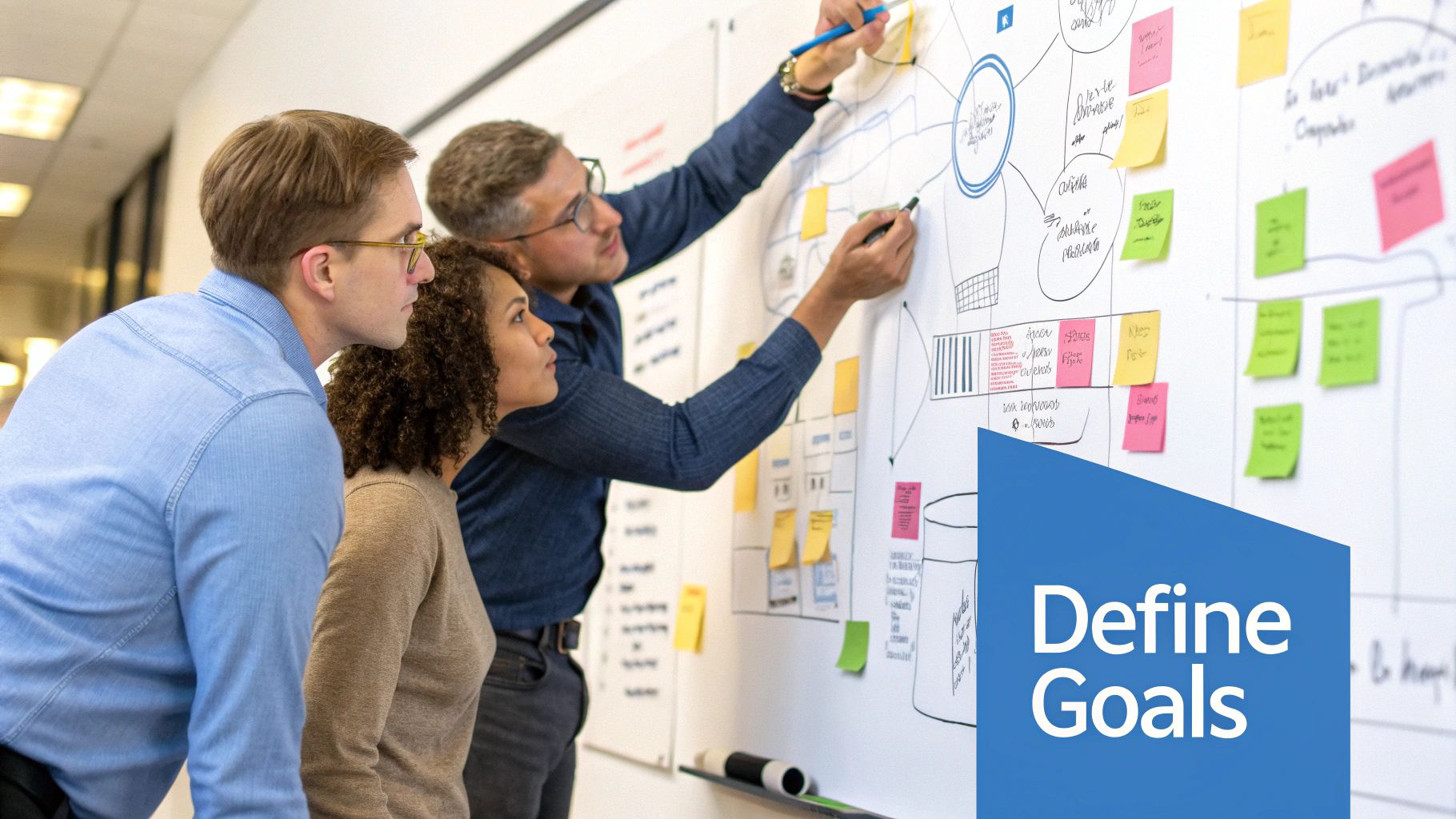 A team collaborating on a strategy with sticky notes on a glass wall