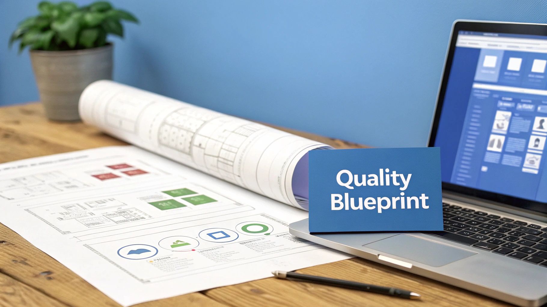 A team collaborating around a digital blueprint, illustrating a test plan as a strategic guide.