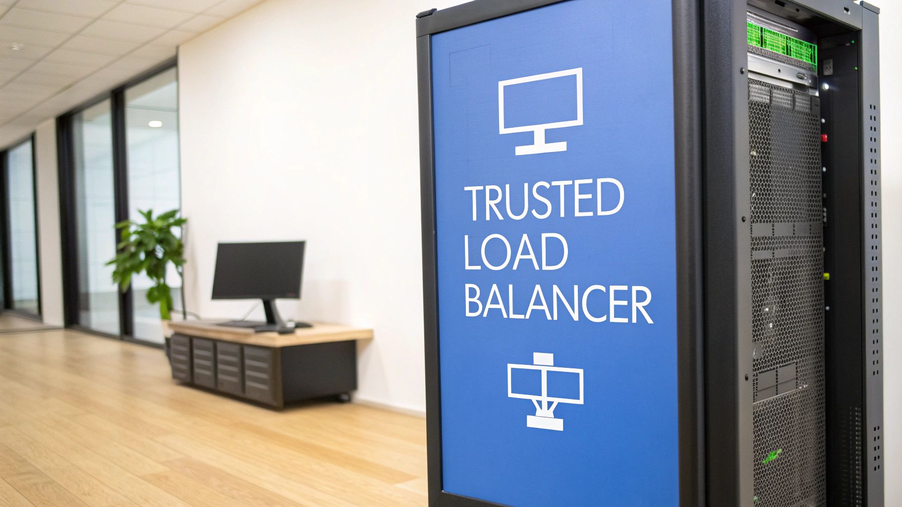 Server rack with a blue "Trusted Load Balancer" sign and computer icons in a modern office.