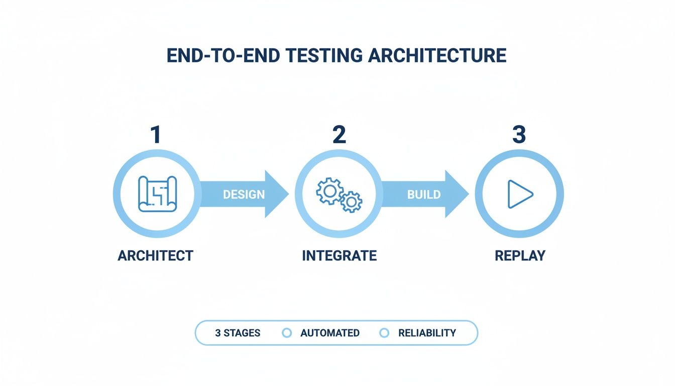 Diagram of end-to-end testing architecture, illustrating three stages: Architect, Integrate, Replay, highlighting automation and reliability.