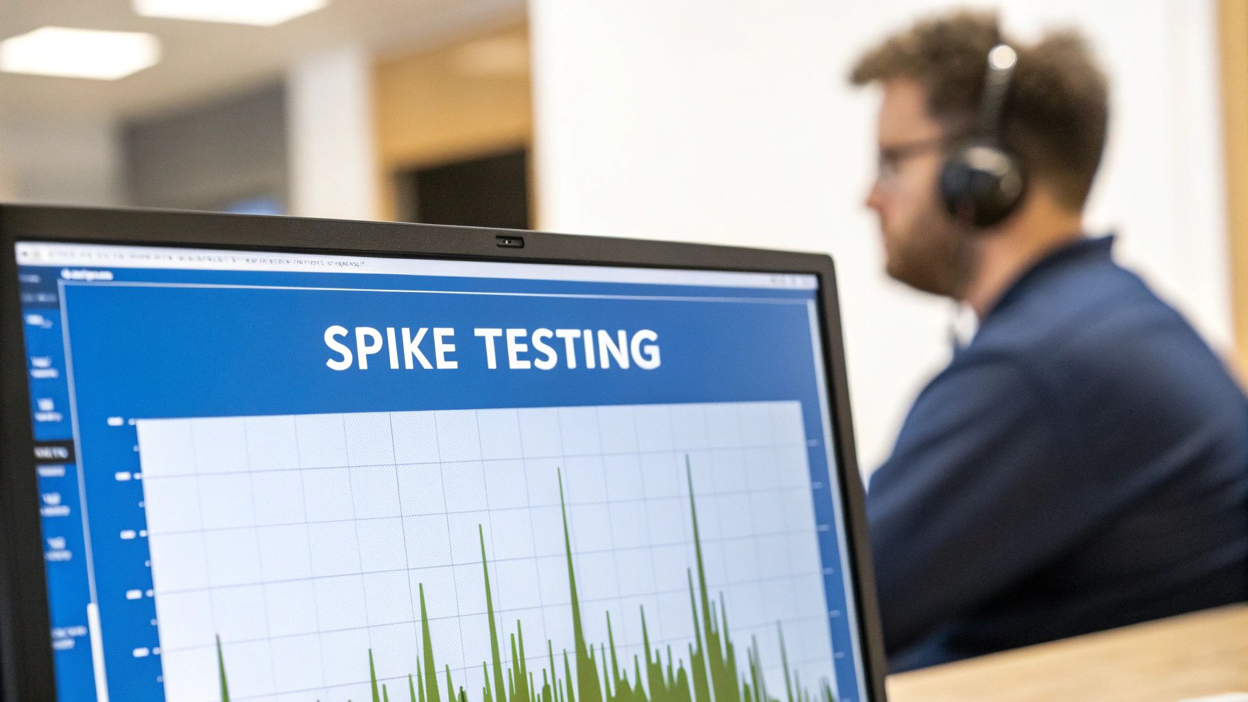 A laptop screen displays "SPIKE TESTING" with a data graph, monitored by a person wearing headphones.
