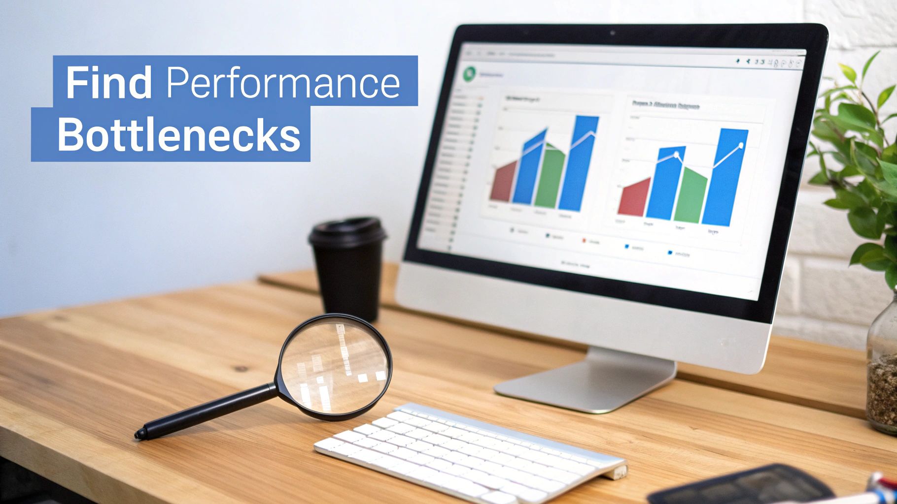 Computer monitor displaying performance analytics charts with magnifying glass on desk for bottleneck analysis