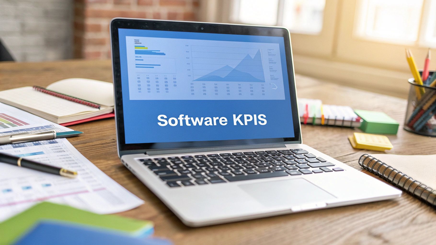 - A photo-realistic composition of a developer’s desk with a laptop displaying faint dashboard visuals and scattered notebooks, featuring 'Software KPIs' text prominently centered on a solid background block at the golden ratio, the surrounding tech elements softly blurred to keep the focus on the sharp, clear text