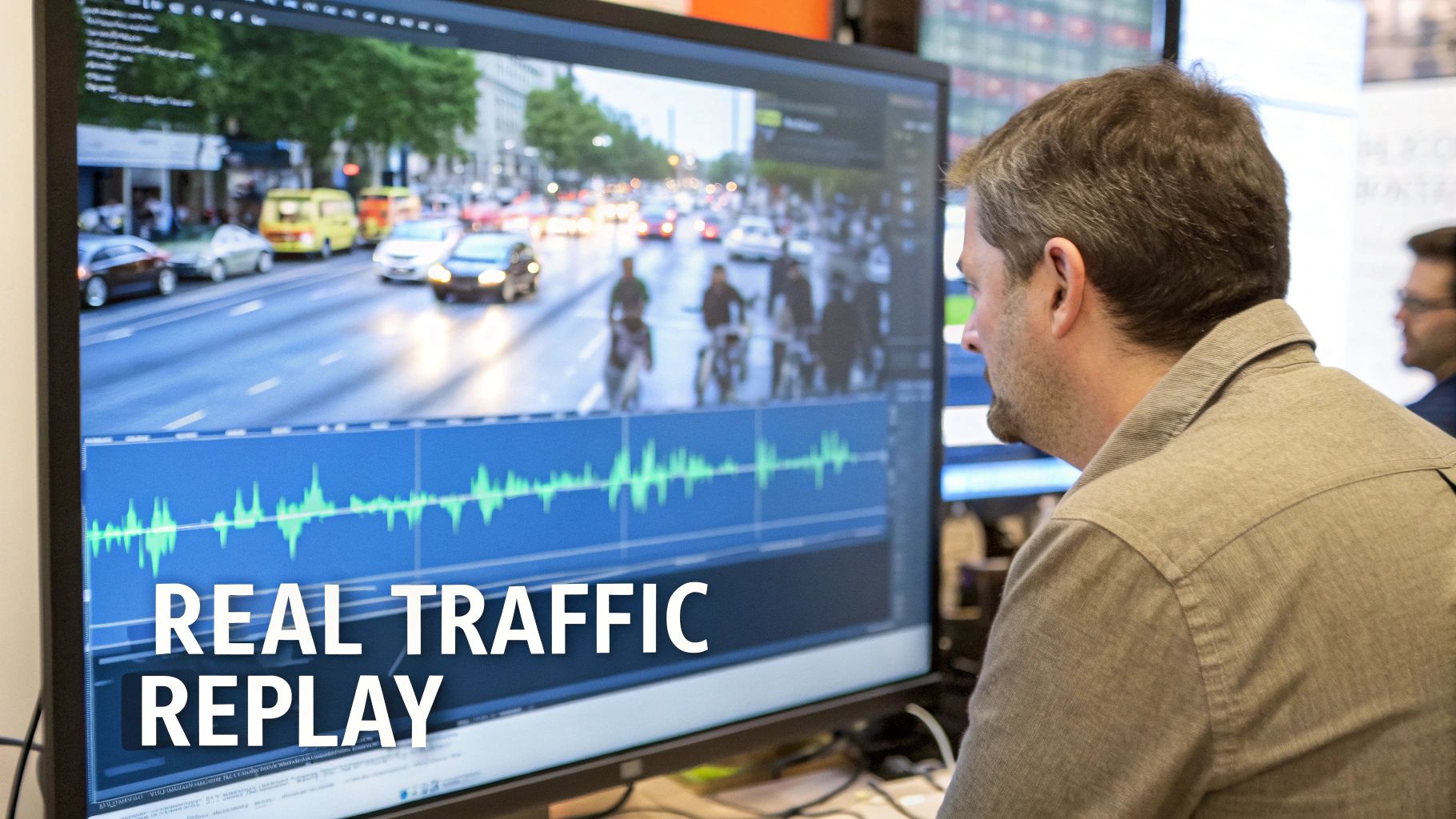 Man viewing a large computer monitor displaying real traffic video with a waveform graph and text 'REAL TRAFFIC REPLAY'.