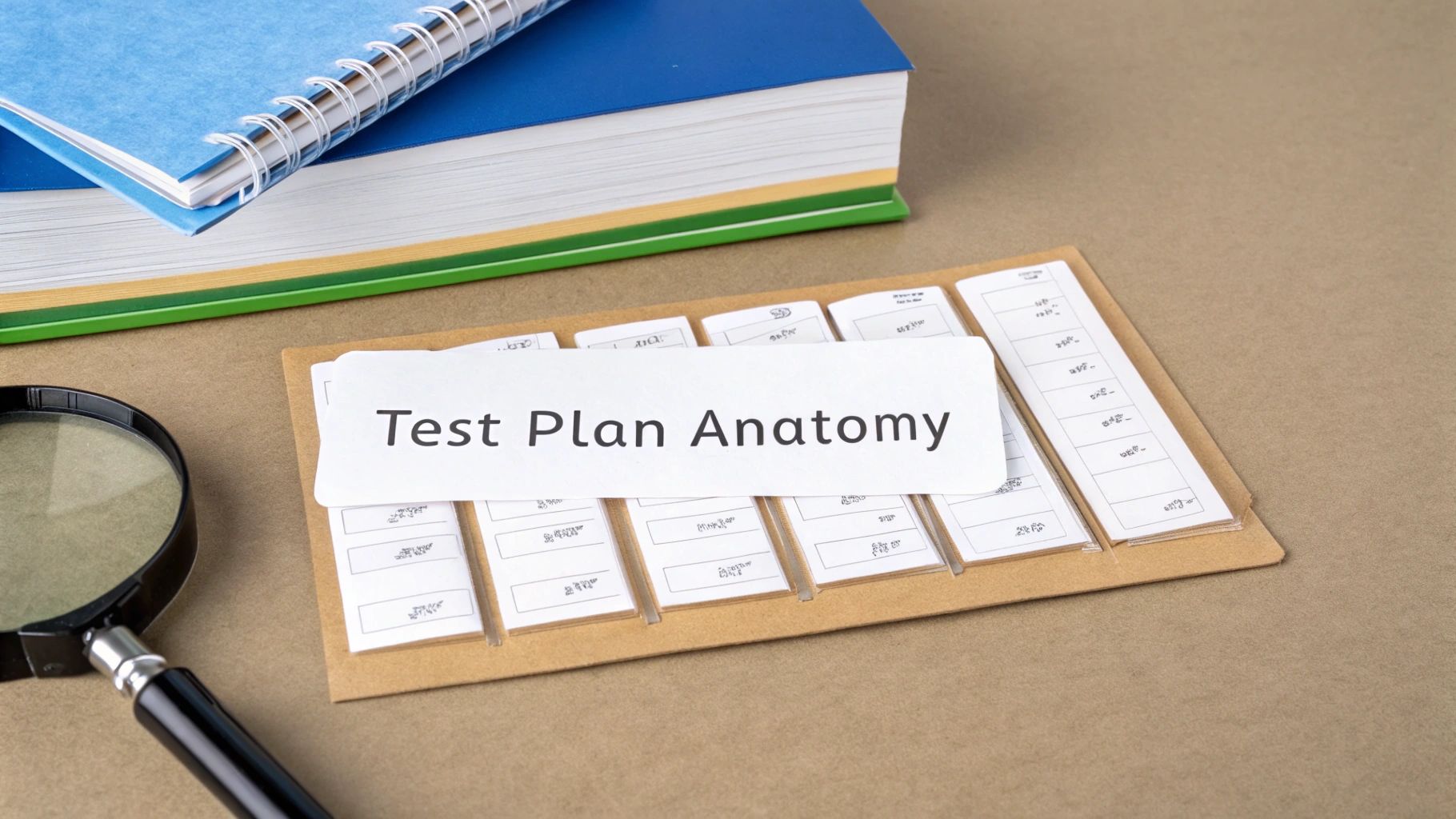 A 'Test Plan Anatomy' card with smaller labeled sections, a magnifying glass, and blue notebooks on a brown desk.