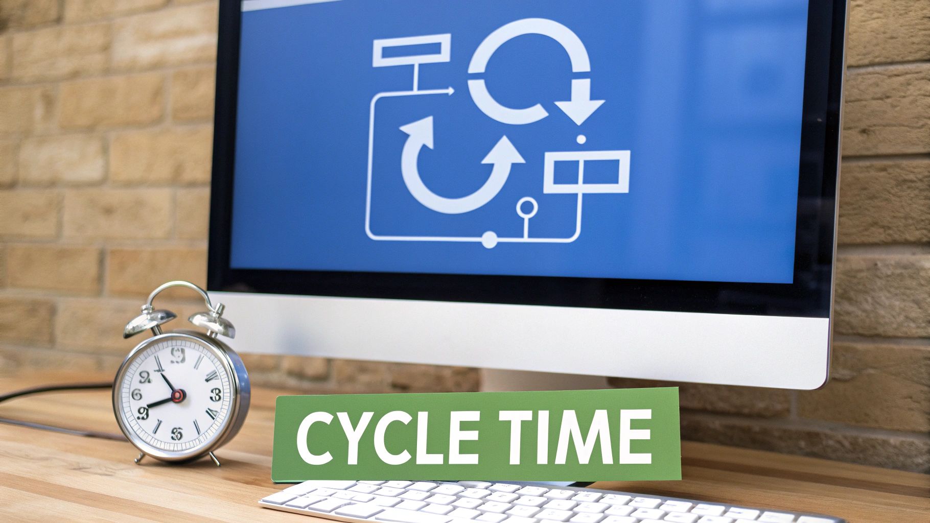 A desk with a computer displaying a process flowchart, an alarm clock, and a 'CYCLE TIME' sign.