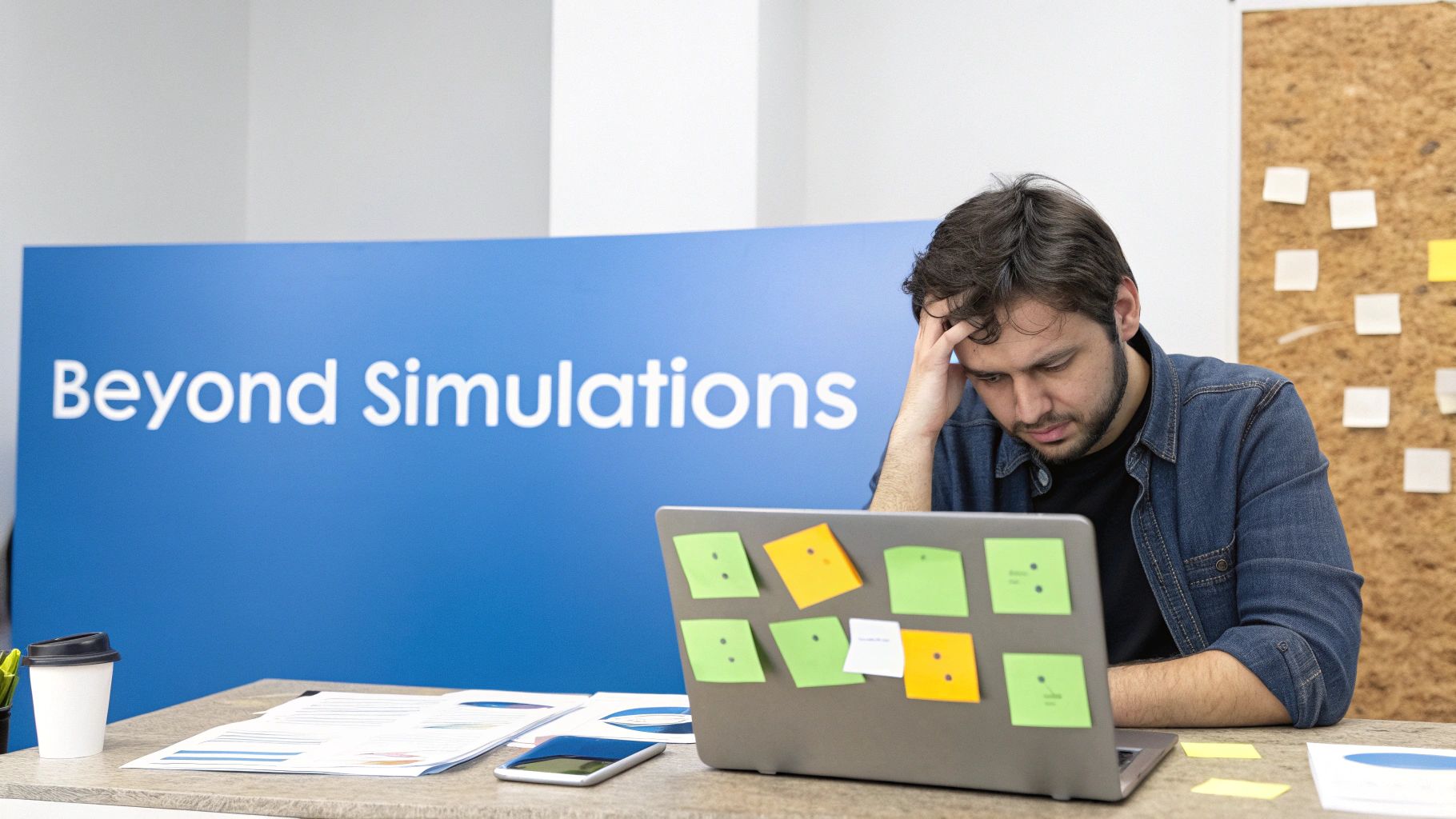 A stressed man working on a laptop with sticky notes, in an office with a 'Beyond Simulations' sign.