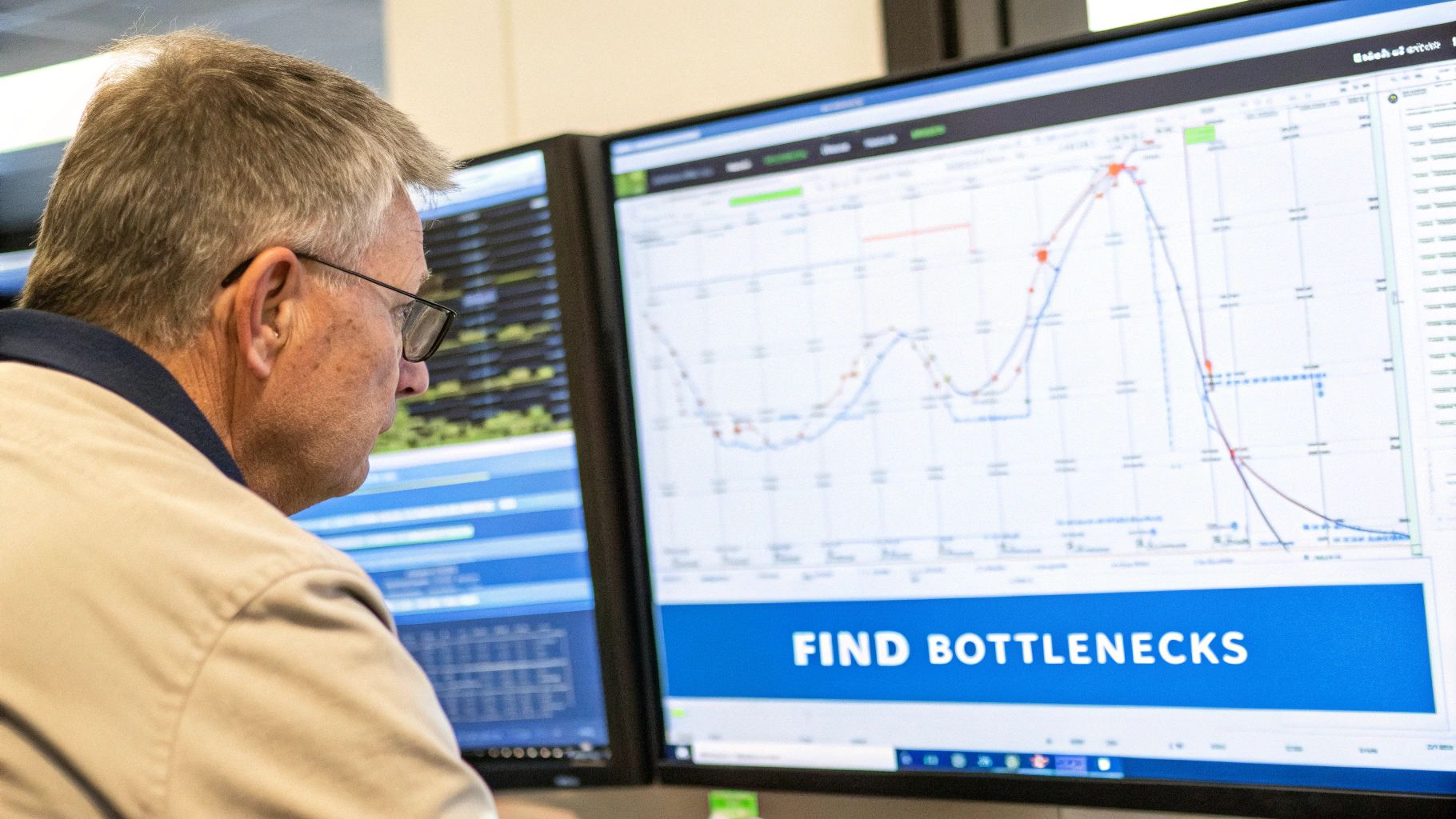 Man analyzes performance data and graphs on multiple computer monitors to identify system bottlenecks.