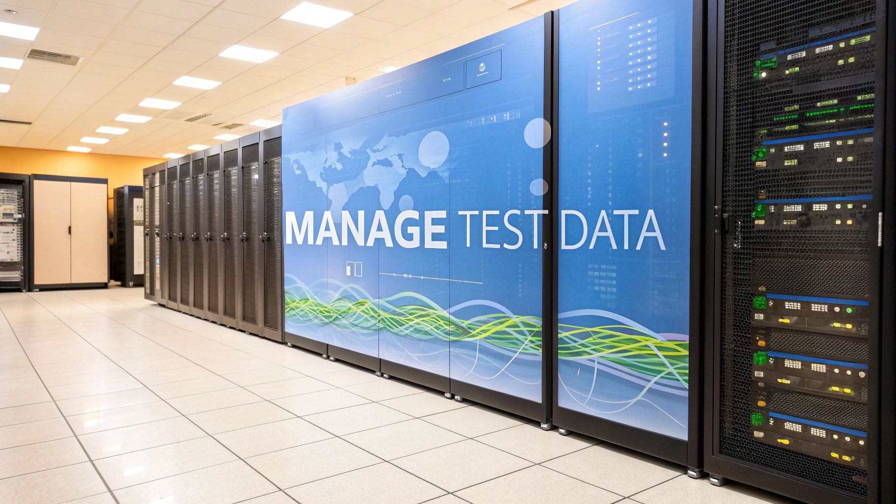A photo-realistic server room with rows of sleek server racks and a softly blurred terminal showing masked network logs, subtle translucent traffic waveforms and version-control icons floating in the background, “Manage Test Data” text centered on a solid background block in the golden ratio position, surrounding imagery hinting at anonymization and replay processes, text with sharp clear edges and perfect legibility
