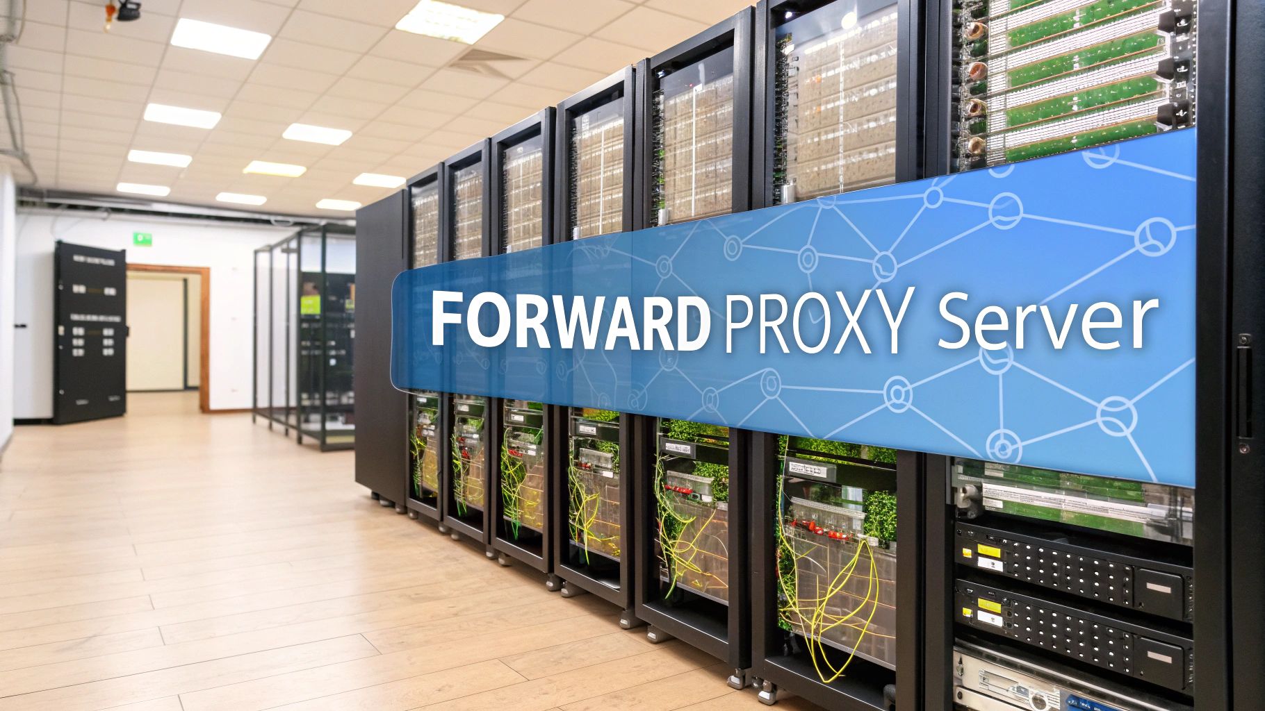 A photo-realistic server room with racks of network equipment and faint digital network diagrams overlayed in the background, featuring âForward Proxy Serverâ text prominently displayed on a solid background block in the golden ratio position, text with crisp, clear edges and high contrast, surrounded by subdued tech elements like cables, data streams, and a simple proxy icon subtly integrated, brand & text realism style