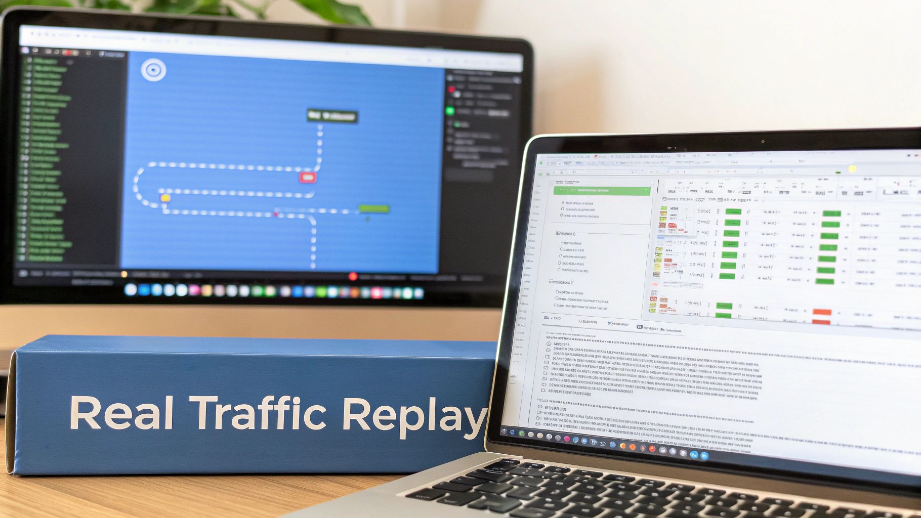 Two computer screens displaying traffic simulation and data analysis, with a 'Real Traffic Replay' box.