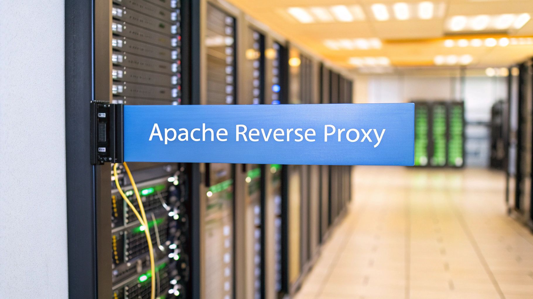 - A photo-realistic image of a server room with rows of racks and subtly glowing cables, featuring 'Apache Reverse Proxy' text prominently centered on a solid background block in the golden ratio position. The text has sharp, clear edges and perfect legibility with high contrast. The surrounding hardware elements are softly blurred and subdued to support the central message without distracting from it.