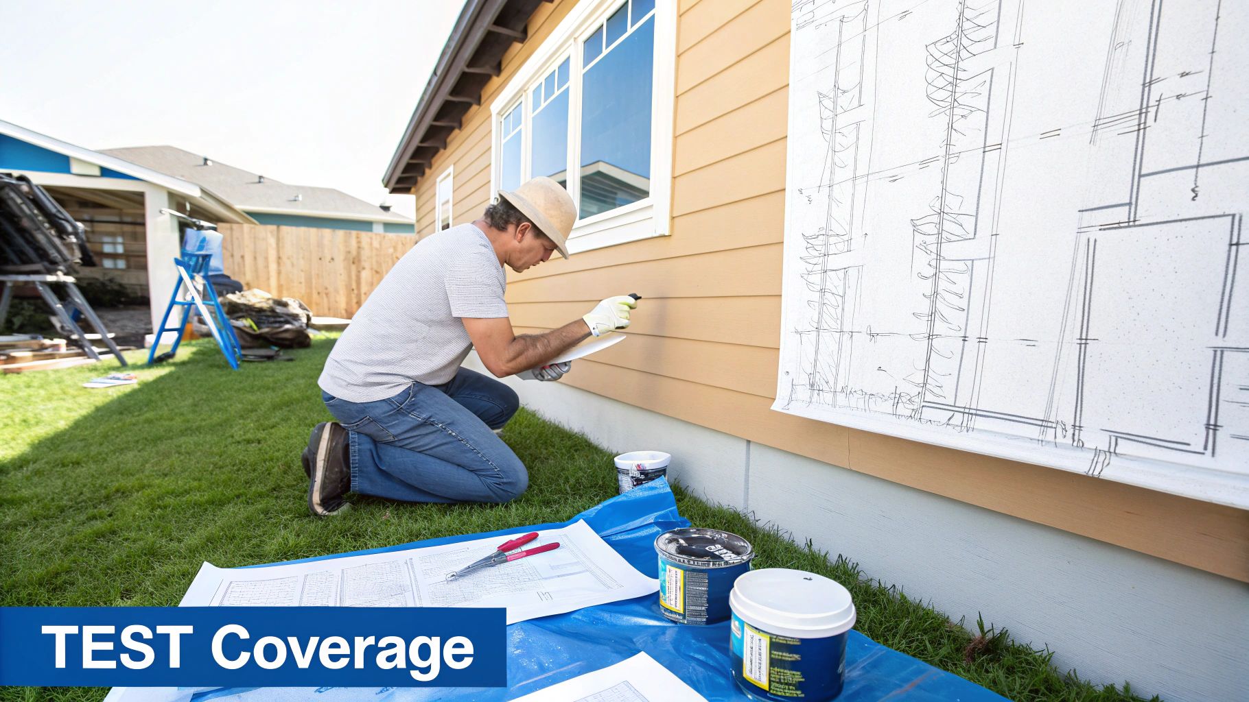 A painter carefully painting the trim of a house wall to illustrate test coverage