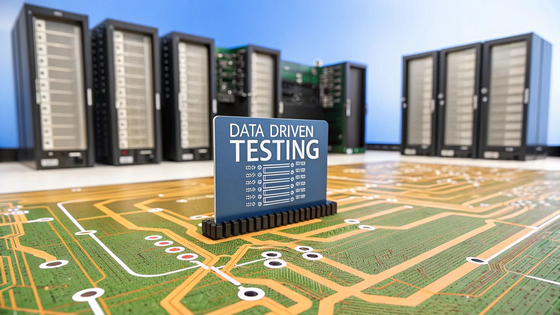 photo-realistic scene of a circuit board landscape with interconnected nodes and flowing data streams, subtle server silhouettes in the background, featuring "Data Driven Testing" text centered on a solid background block in the golden ratio position