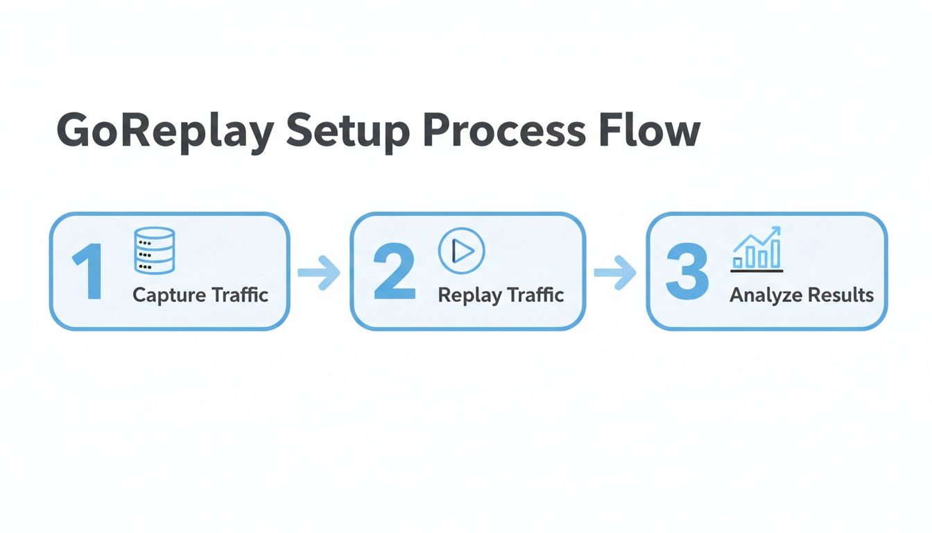 A three-step GoReplay setup process flow illustrating capture, replay, and analyze traffic.
