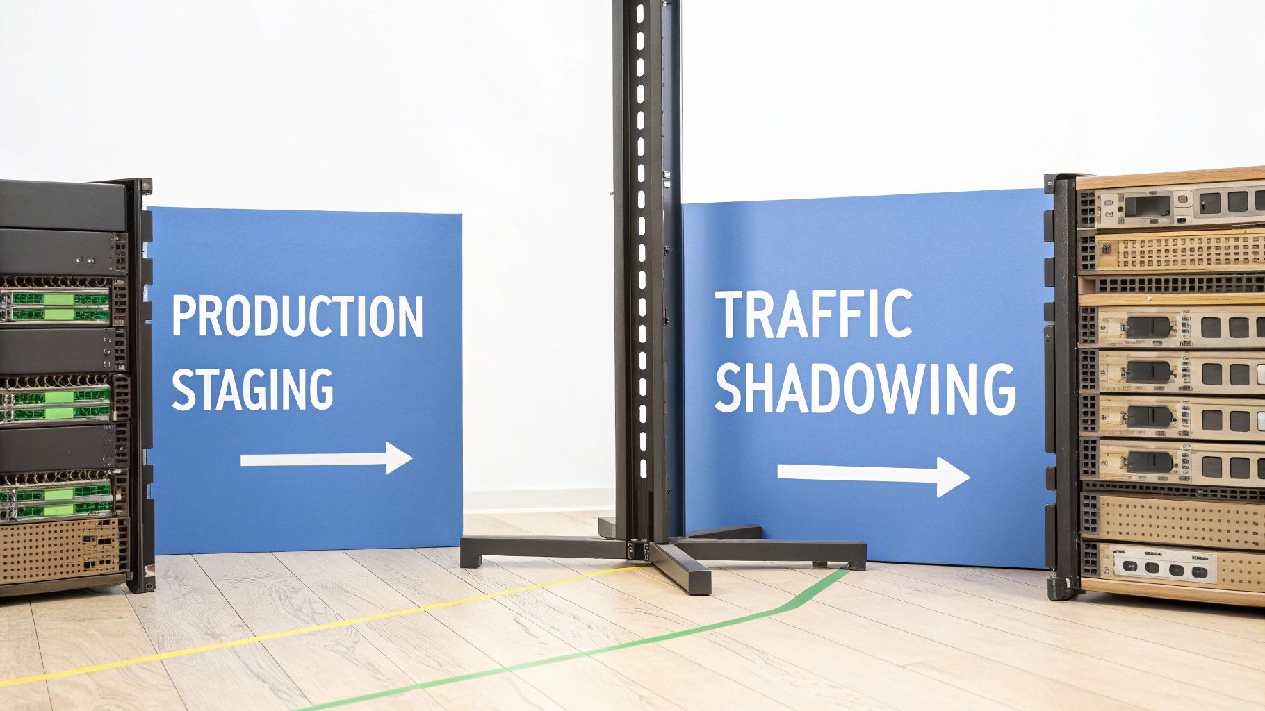 Server racks flanking blue signs, one for 'PRODUCTION STAGING' and another for 'TRAFFIC SHADOWING'.