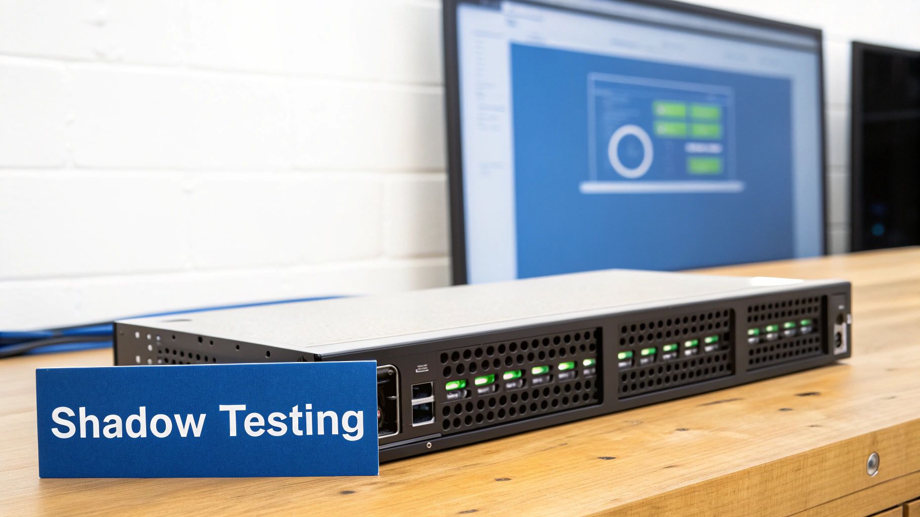 A server device on a wooden desk with a blue 'Shadow Testing' sign, and a monitor displaying a data dashboard.