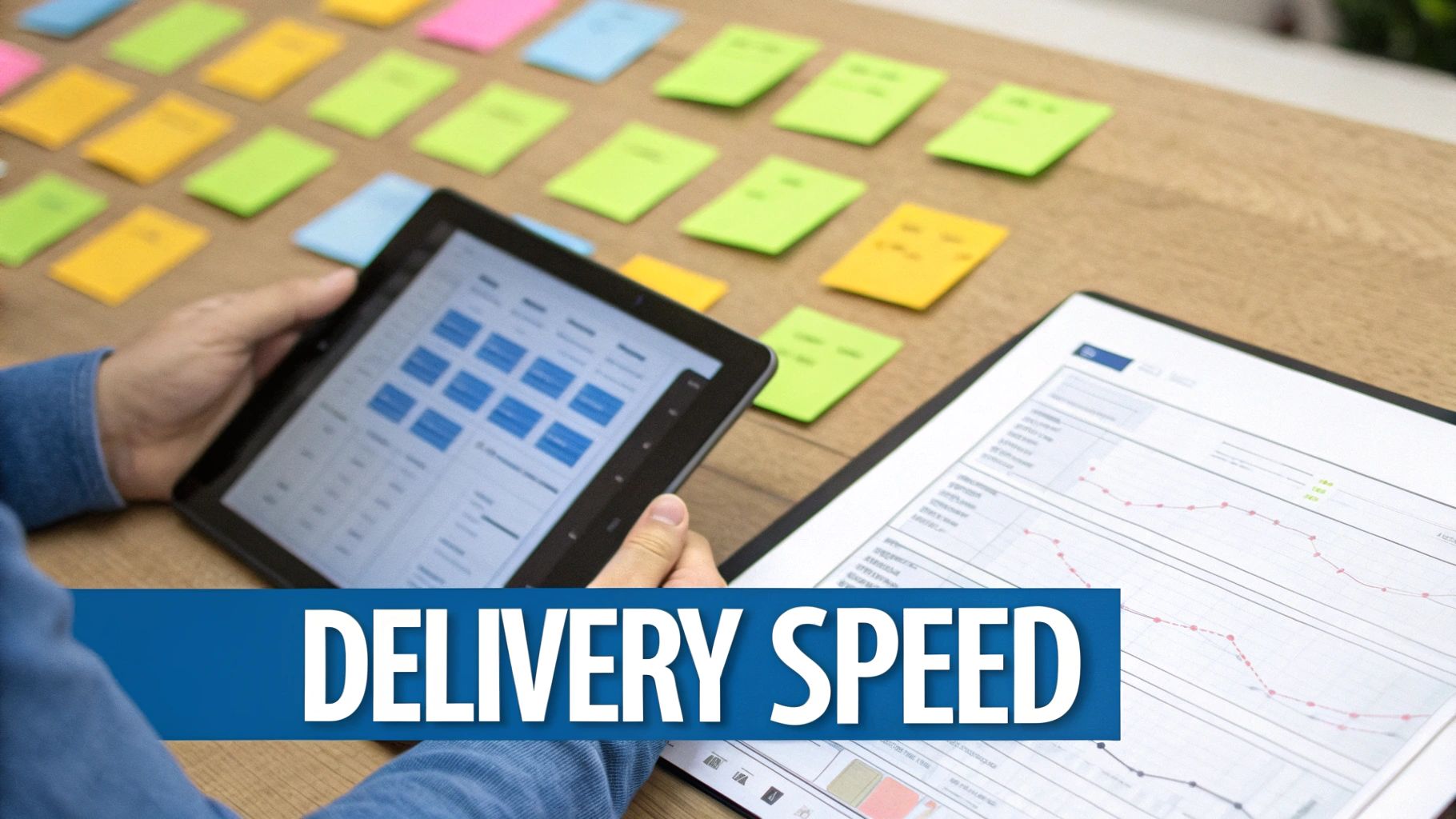 Hands holding a tablet displaying metrics, surrounded by colorful sticky notes and a graph, with 'DELIVERY SPEED' text.
