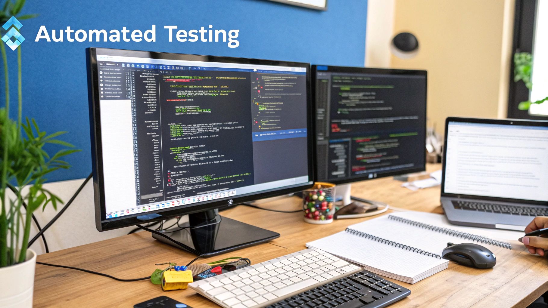 An image showing computer screens with code and graphs, representing the technical and data-driven nature of automated testing.
