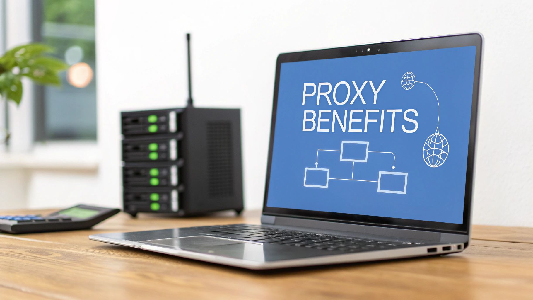 A laptop displaying 'PROXY BENEFITS' with a network diagram and server racks in an office setting.