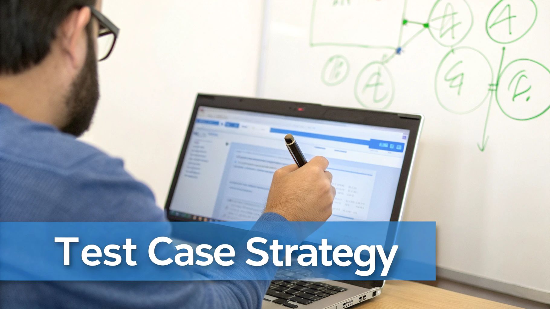A person with glasses uses a stylus on a laptop, with a whiteboard diagram and "Test Case Strategy" text.