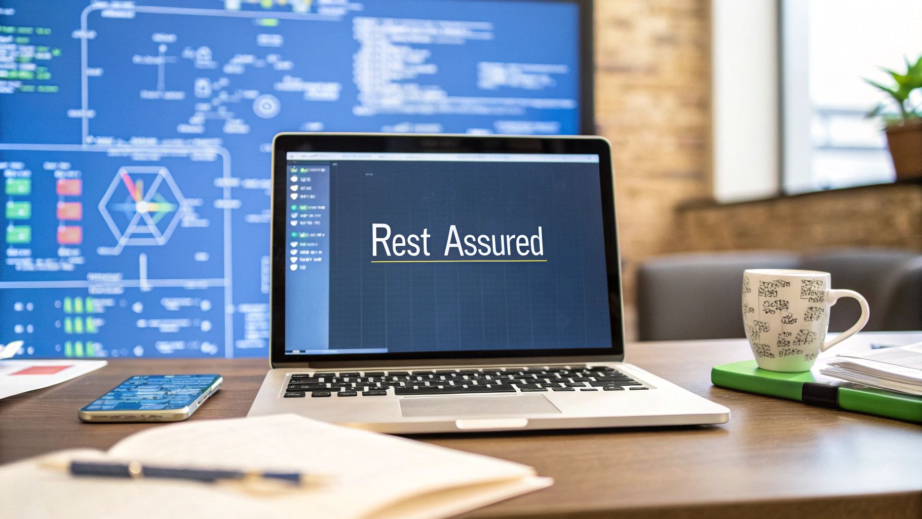 - A photo-realistic modern developer workspace with a laptop showing blurred API test code and network flow diagrams in the background, featuring “Rest Assured” text as the central element on a solid background block placed in the golden ratio position, with subtle surrounding props like a coffee cup, printed JSON snippets, and tech gadgets softly out of focus