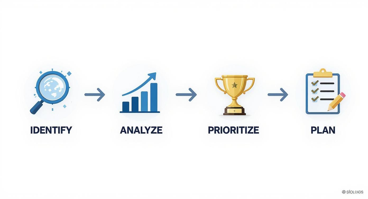 A business process infographic showing four steps: Identify, Analyze, Prioritize, and Plan, with corresponding icons.