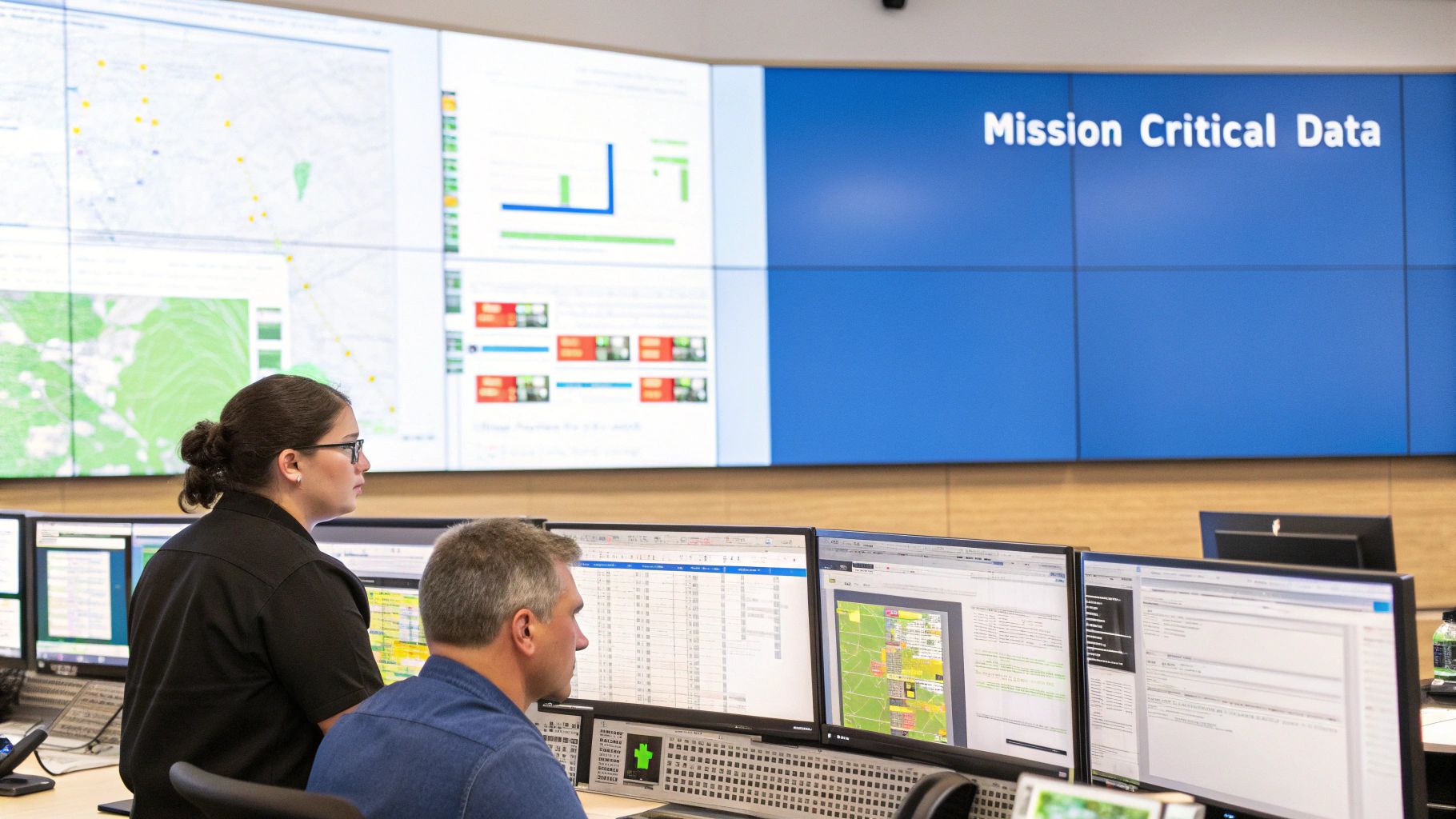 Two professionals monitoring mission critical data on multiple computer screens in control room