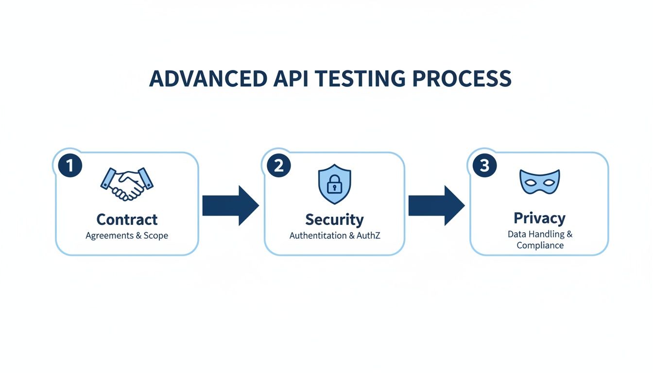 Advanced API testing process diagram detailing contract, security, and privacy steps with icons.