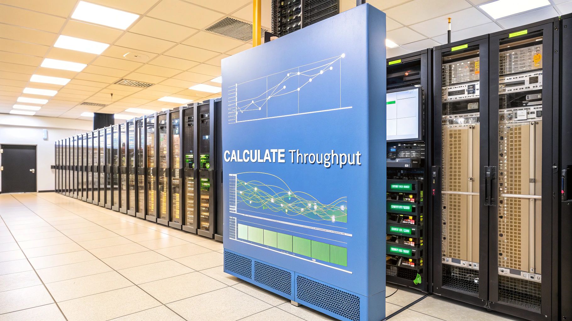 - A realistic server room environment with racks and faint overlay of performance graphs, featuring “Calculate Throughput” text prominently displayed on a solid background block in the golden ratio position